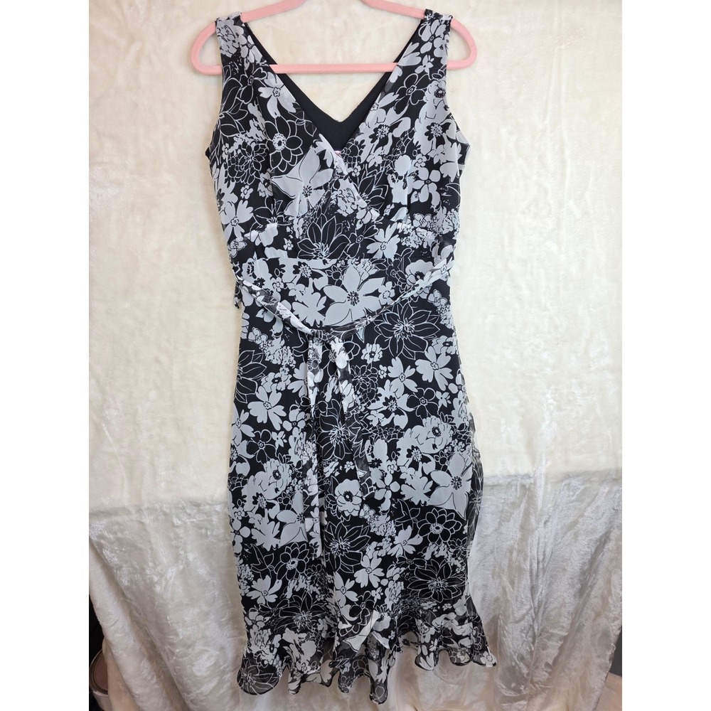 Zoey Beth Womens Black‎ White Floral V-Neck Ruffle Hem Midi Dress Large 0165752